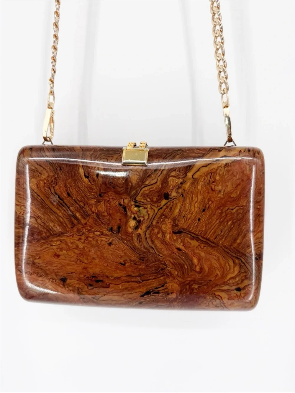 Vintage Saks Fifth Ave Brown Marbled Acrylic Gold Tone Hard Shell Clutch Purse